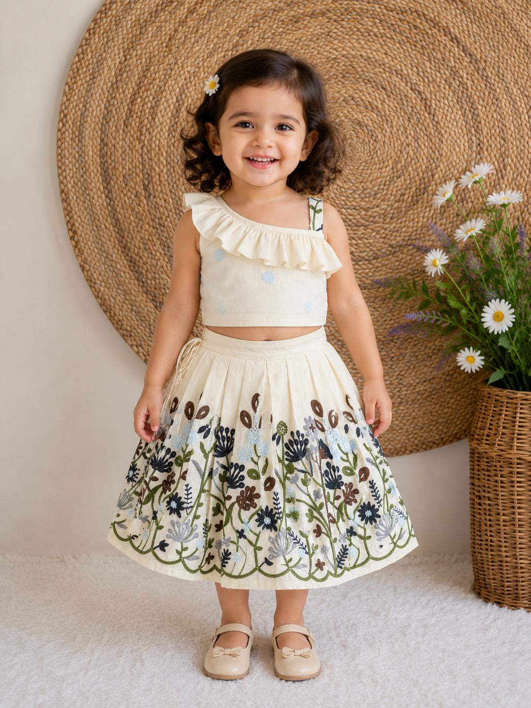 Floral Embroidered Contemporary Pattu Pavadai Set for Baby Girls